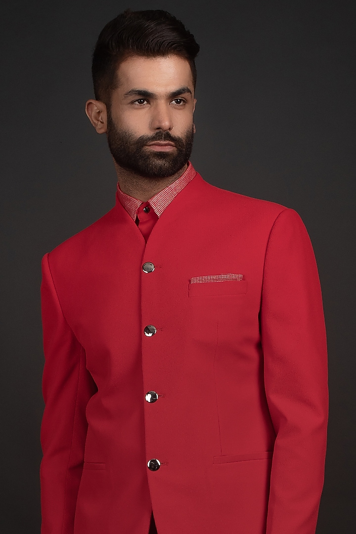 Red Jacquard Wedding Bandhgala Jacket Set by Prima Czar at Pernia's Pop Up Shop