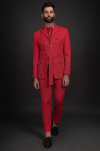 Red Jacquard Pant Set With Belt by Prima Czar