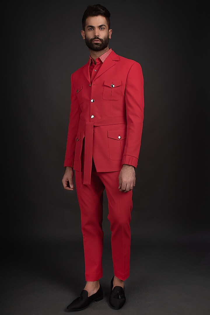Red Jacquard Pant Set With Belt by Prima Czar at Pernia's Pop Up Shop