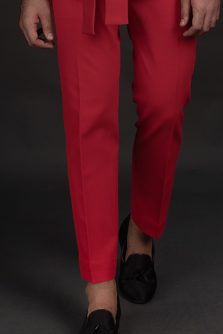 Red Jacquard Pant Set With Belt by Prima Czar at Pernia's Pop Up Shop
