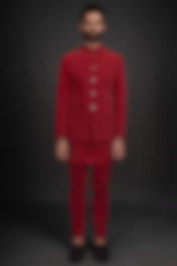 Red Velvet Bandhgala Jacket Set by Prima Czar