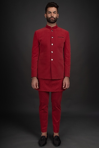 Red Velvet Bandhgala Jacket Set by Prima Czar