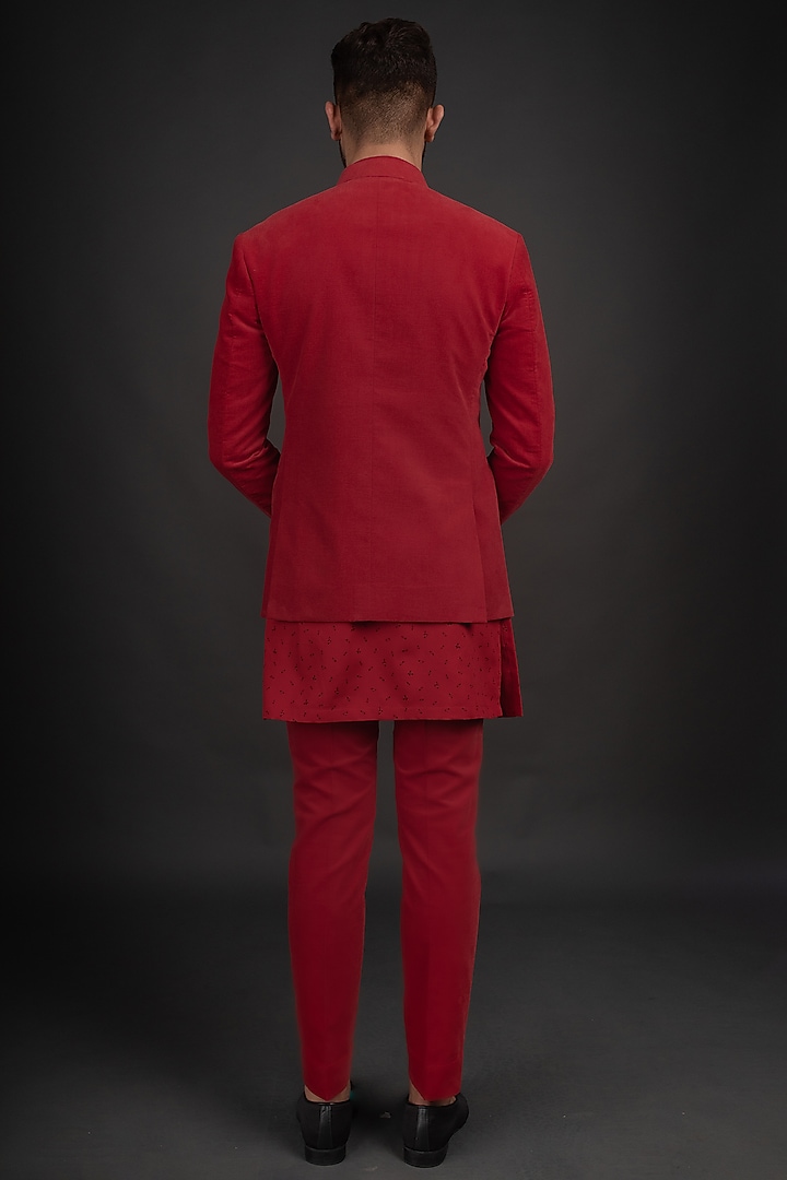 Red Velvet Wedding Bandhgala Jacket Set by Prima Czar at Pernia's Pop Up Shop