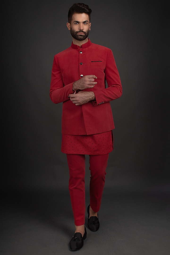 Red Velvet Wedding Bandhgala Jacket Set by Prima Czar at Pernia's Pop Up Shop