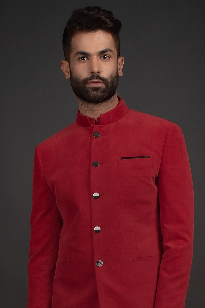 Red Velvet Wedding Bandhgala Jacket Set by Prima Czar at Pernia's Pop Up Shop