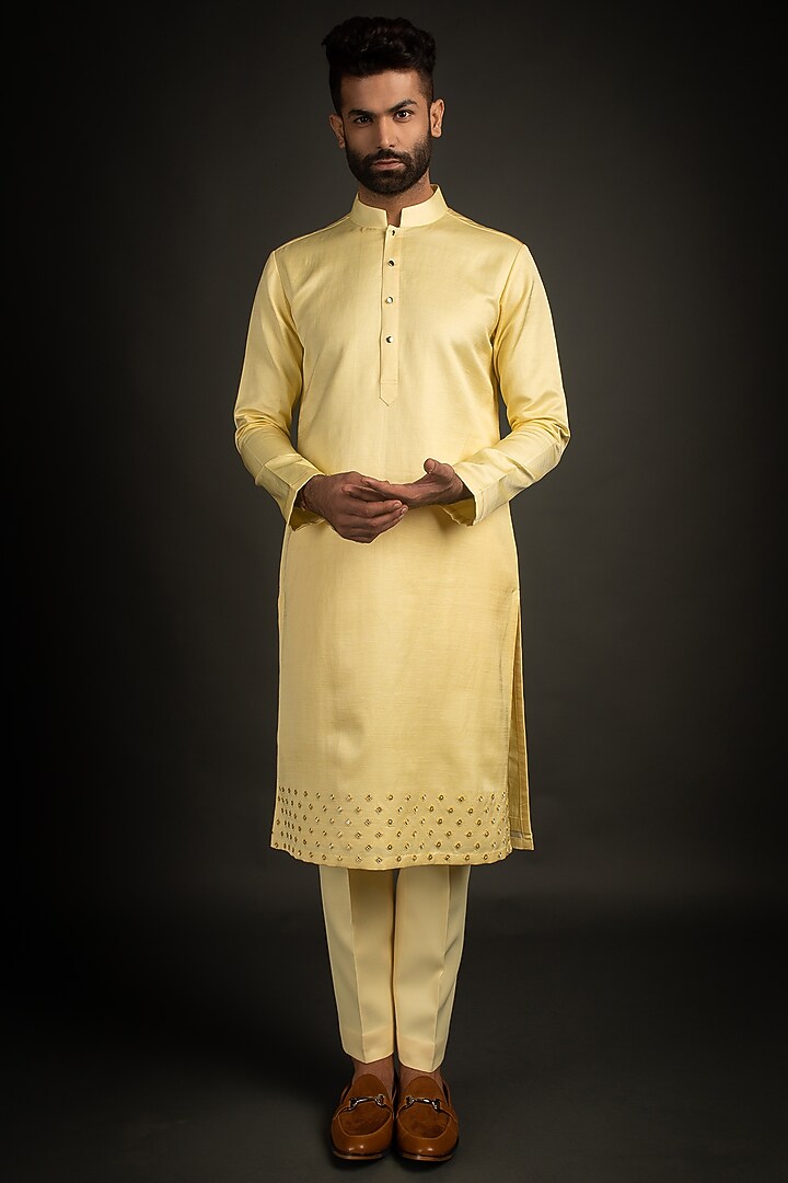 Yellow Cotton Silk Embroidered Kurta Set by Prima Czar at Pernia's Pop Up Shop