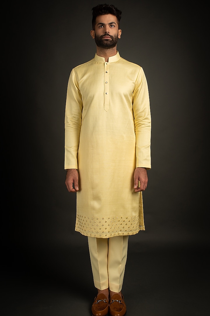 Yellow Cotton Silk Embroidered Kurta Set by Prima Czar at Pernia's Pop Up Shop