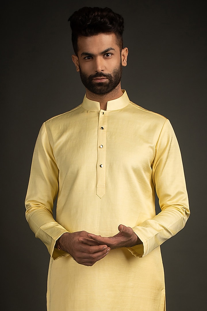 Yellow Cotton Silk Embroidered Kurta Set by Prima Czar at Pernia's Pop Up Shop