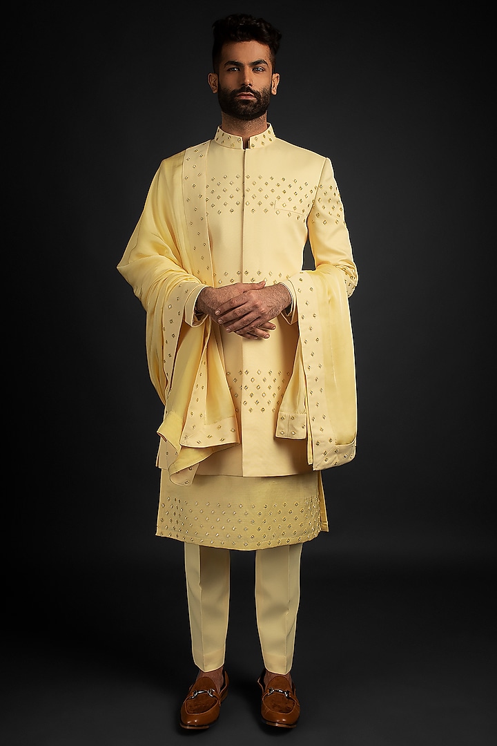 Pastel Yellow Twill Hand Embroidered Achkan Set by Prima Czar