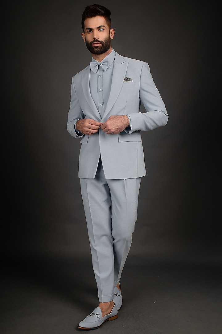 Light Blue Twill & Linen Satin Tuxedo Set by Prima Czar