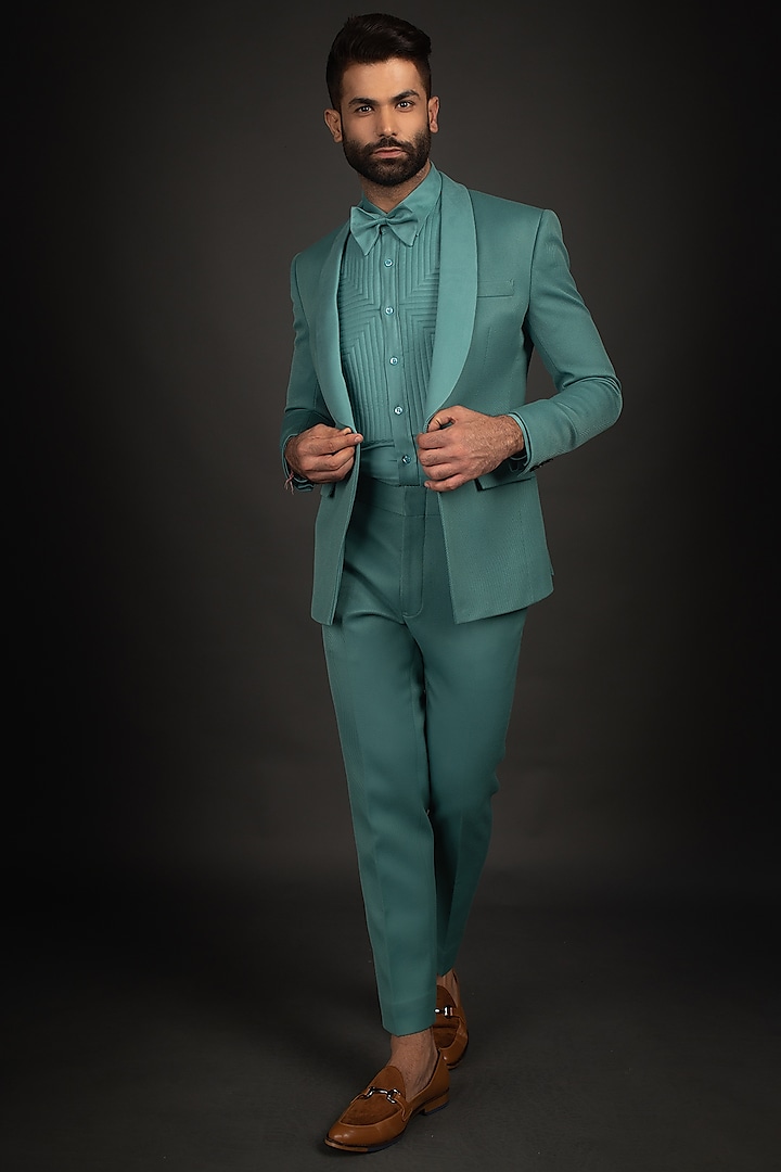 Green Twill Tuxedo Set With Quilted Shirt by Prima Czar