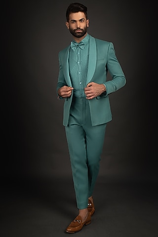 Green Twill Tuxedo Set With Quilted Shirt by Prima Czar