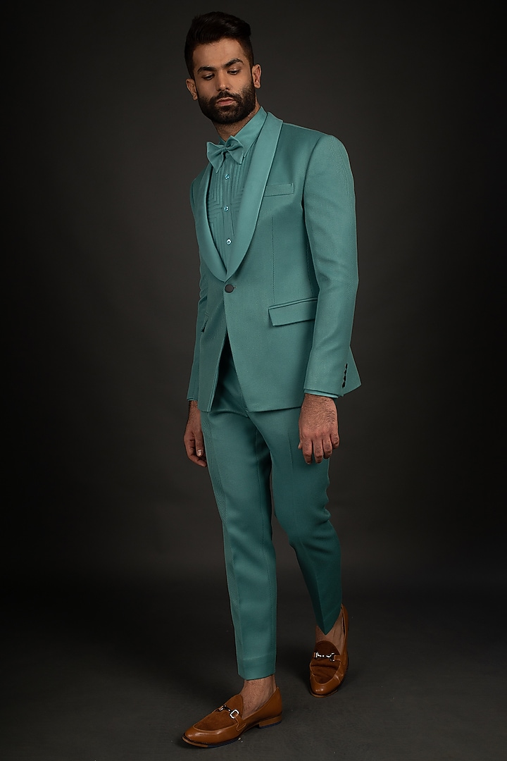 Green Twill Tuxedo Set With Quilted Shirt by Prima Czar at Pernia's Pop Up Shop