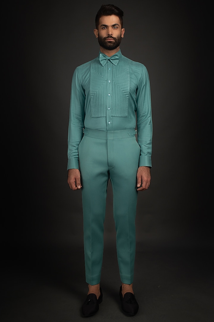 Green Twill Tuxedo Set With Quilted Shirt by Prima Czar at Pernia's Pop Up Shop