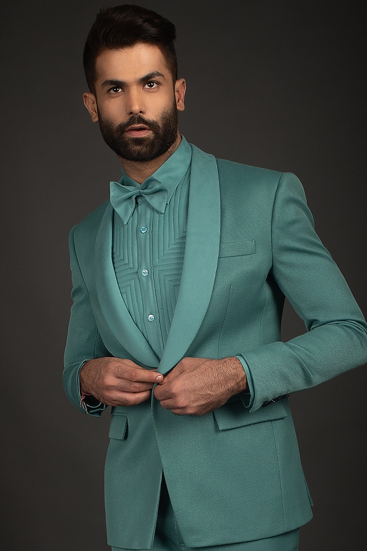 Green Twill Tuxedo Set With Quilted Shirt by Prima Czar at Pernia's Pop Up Shop
