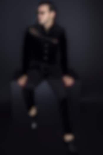 Black Velvet Wedding Bandhgala Jacket by Prima Czar at Pernia's Pop Up Shop