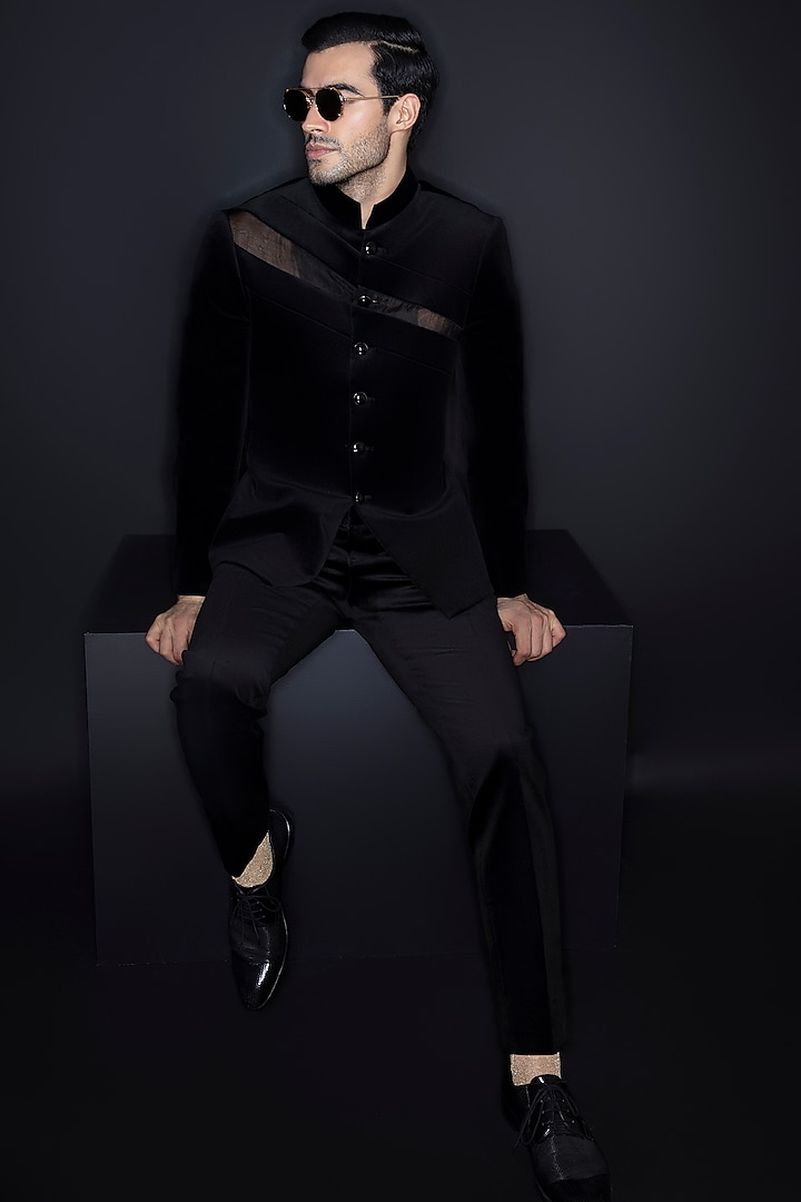 Black Velvet Wedding Bandhgala Jacket by Prima Czar at Pernia's Pop Up Shop