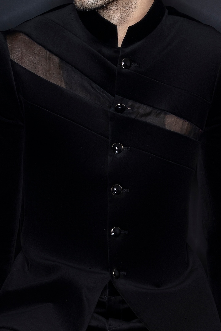 Black Velvet Wedding Bandhgala Jacket by Prima Czar at Pernia's Pop Up Shop