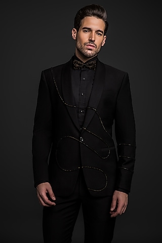 Black Wool Hand Embroidered Tuxedo by Prima Czar