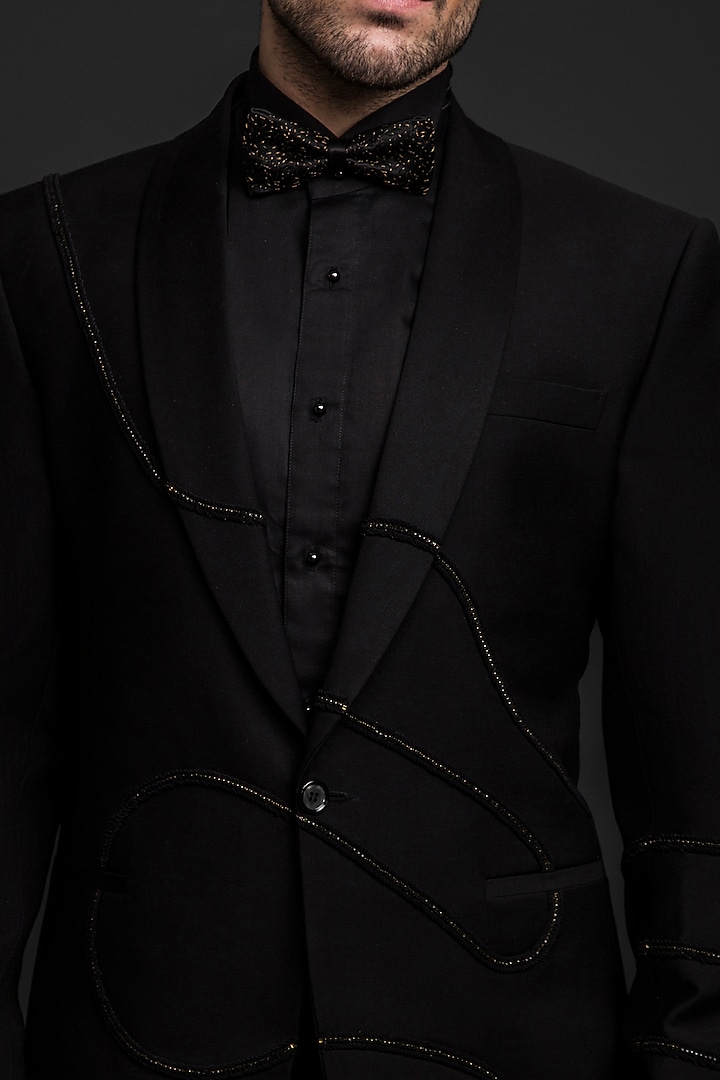 Black Wool Hand Embroidered Tuxedo by Prima Czar at Pernia's Pop Up Shop