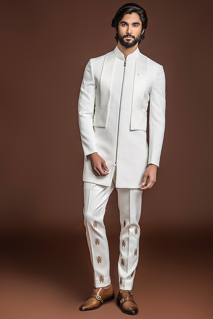 Off-White Satin Layered Bandhgala Jacket by Prima Czar