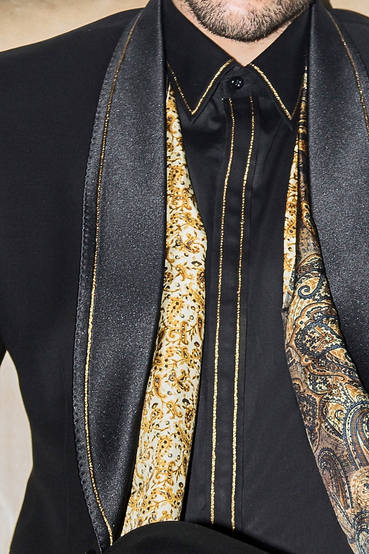 Black Wool Embroidered Tuxedo Set by Prima Czar at Pernia's Pop Up Shop