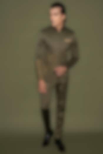 Olive Green Satin Hand Embroidered Wedding Bandhgala Jacket Set by Prima Czar at Pernia's Pop Up Shop