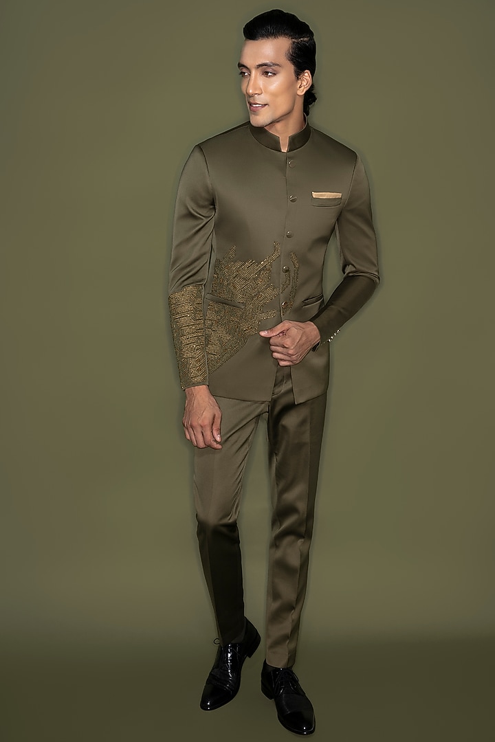 Olive Green Satin Hand Embroidered Wedding Bandhgala Jacket Set by Prima Czar at Pernia's Pop Up Shop