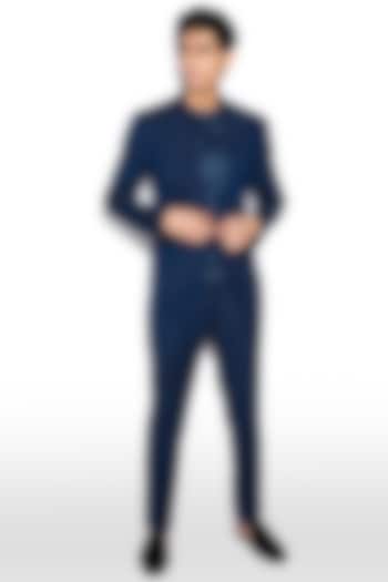 Blue Wool Embroidered Tuxedo Set by Prima Czar at Pernia's Pop Up Shop