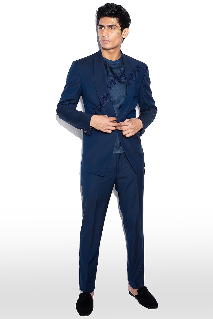 Blue Wool Embroidered Tuxedo Set by Prima Czar at Pernia's Pop Up Shop