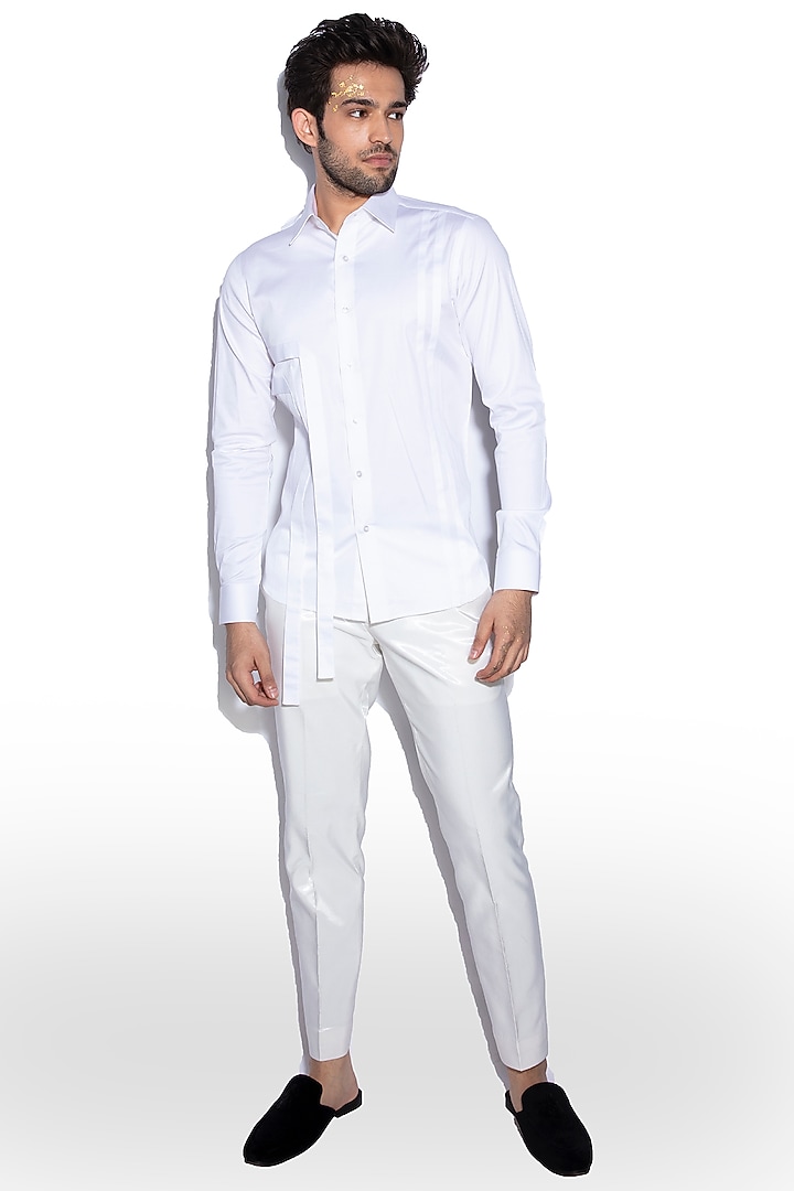 White Cotton Pleated Party Wear Shirt by Prima Czar at Pernia's Pop Up Shop