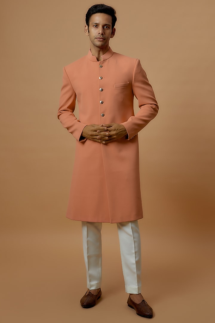 Peach Polynosic Wedding Sherwani Set by Prima Czar at Pernia's Pop Up Shop