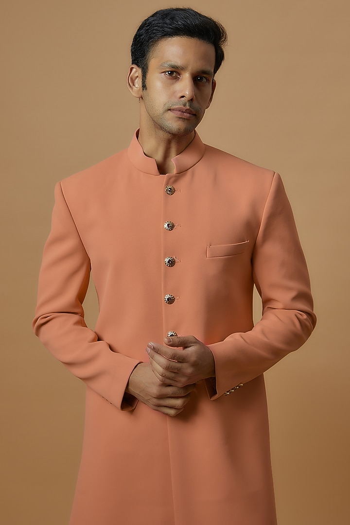 Peach Polynosic Wedding Sherwani Set by Prima Czar at Pernia's Pop Up Shop