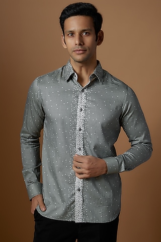Grey Cotton Printed Shirt by Prima Czar