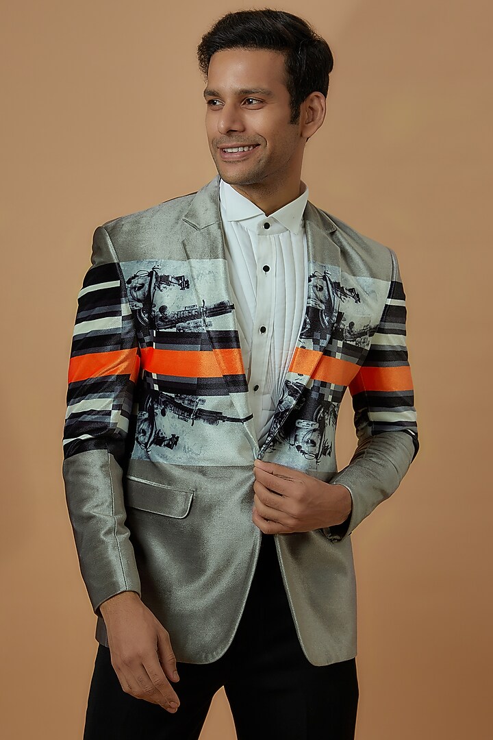 Grey Velvet Printed Jacket Set by Prima Czar at Pernia's Pop Up Shop