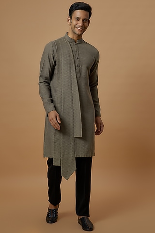 Grey Jacquard Printed Kurta Set by Prima Czar
