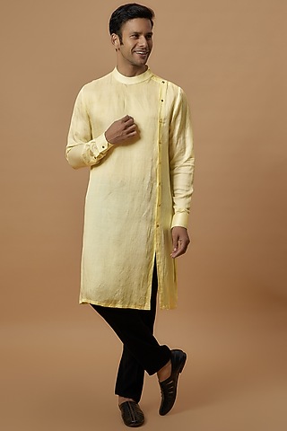 Yellow Linen Satin Kurta by Prima Czar