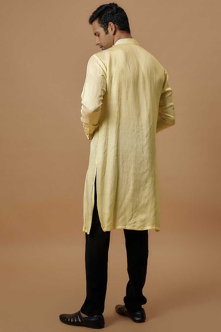 Yellow Linen Satin Kurta by Prima Czar at Pernia's Pop Up Shop