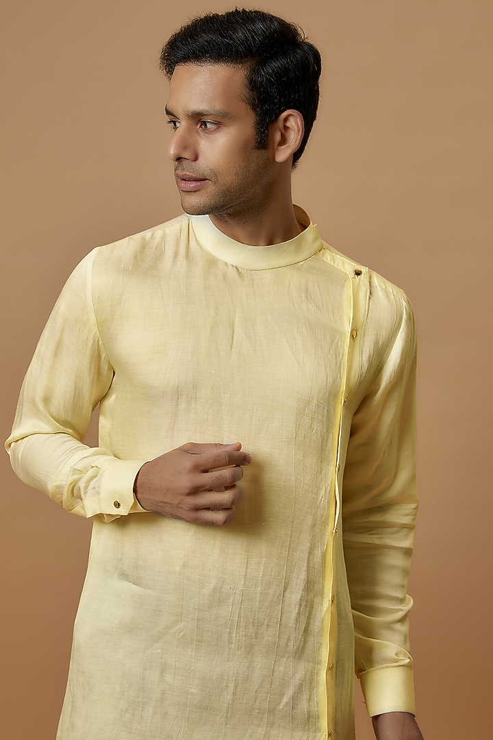 Yellow Linen Satin Kurta by Prima Czar at Pernia's Pop Up Shop