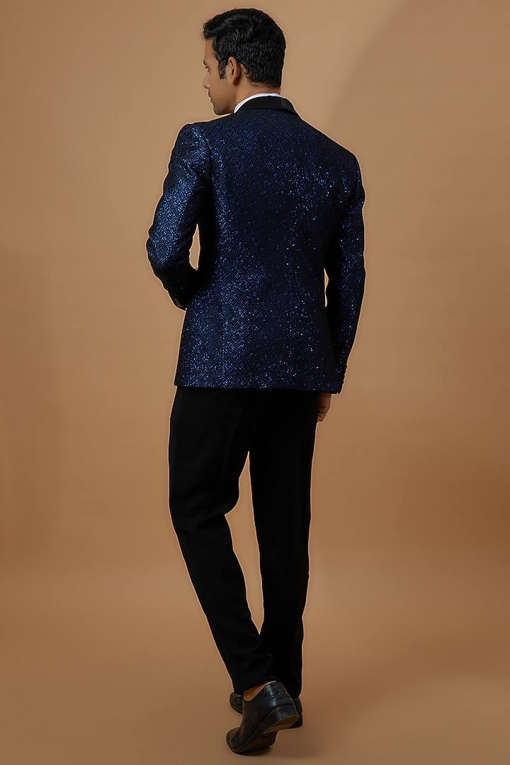 Blue Jacquard Printed Tuxedo Set by Prima Czar at Pernia's Pop Up Shop