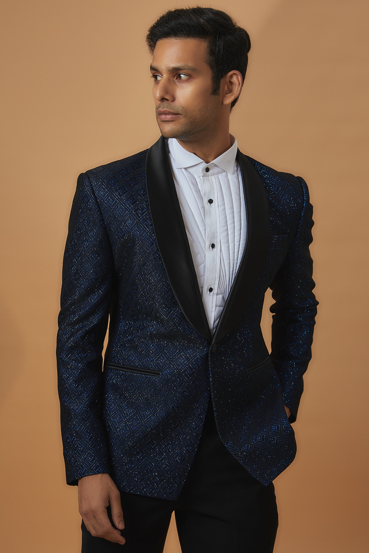 Buy Prima Czar Blue Jacquard Printed Tuxedo Set at Pernia'sPopUpShopMen ...