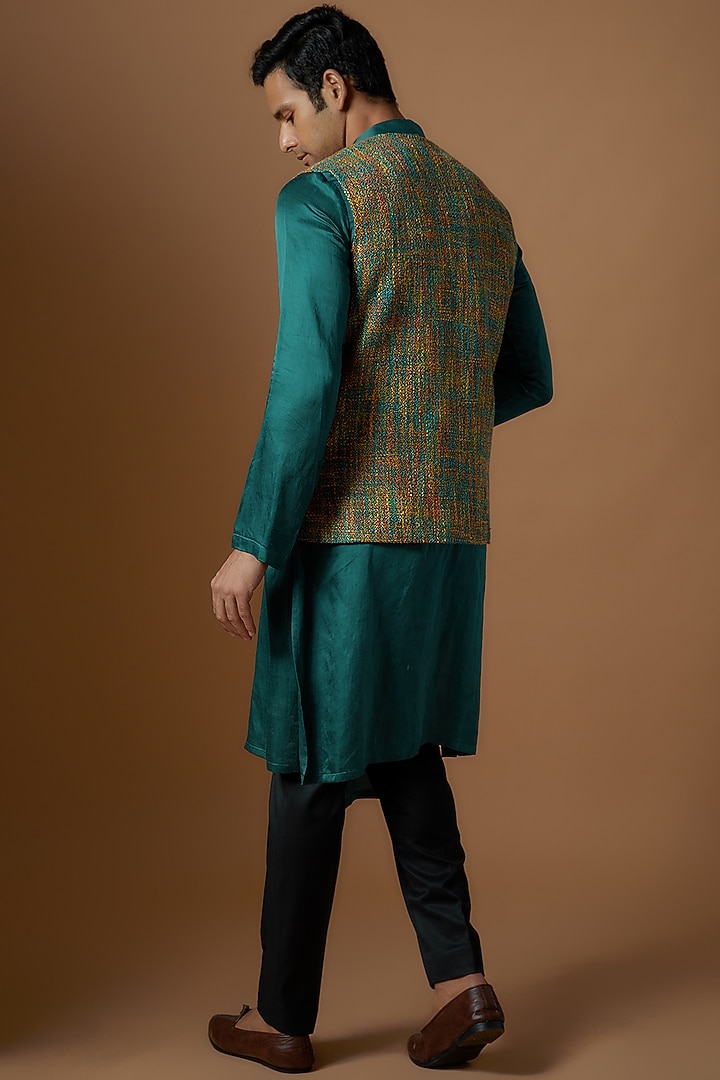 Blue Jute Printed Bundi Jacket With Kurta by Prima Czar at Pernia's Pop Up Shop