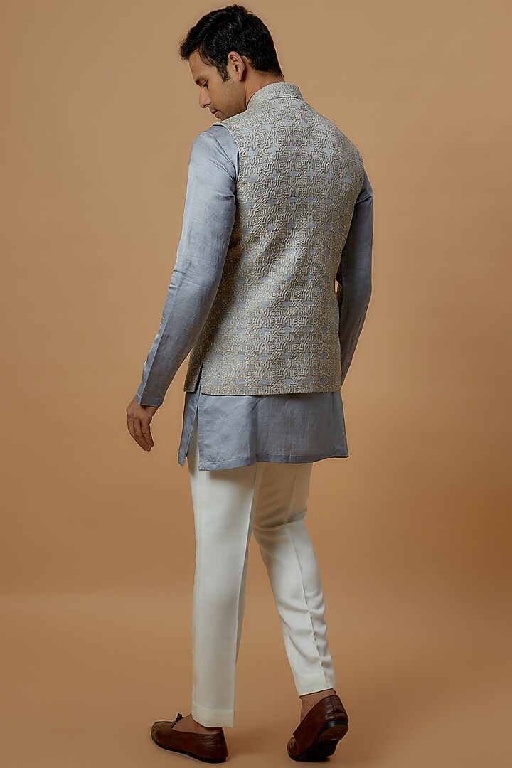 Blue Jacquard Bundi Jacket Set by Prima Czar at Pernia's Pop Up Shop