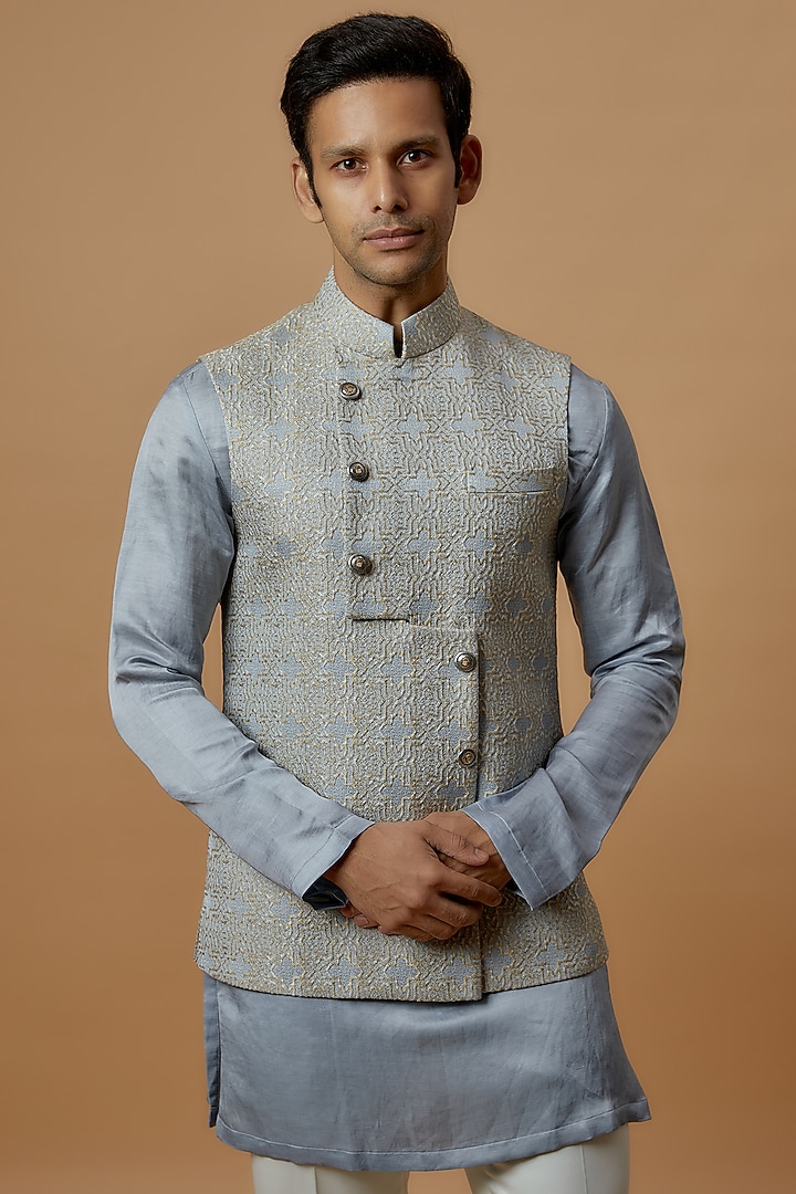 Blue Jacquard Bundi Jacket Set by Prima Czar at Pernia's Pop Up Shop