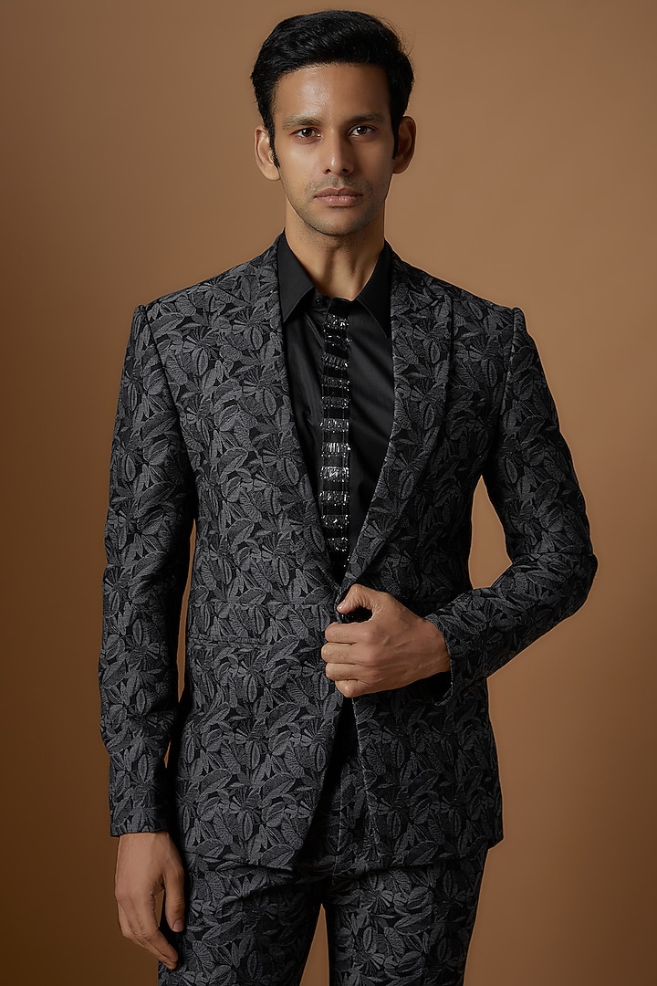 Grey Jacquard Printed Jacket Set by Prima Czar at Pernia's Pop Up Shop