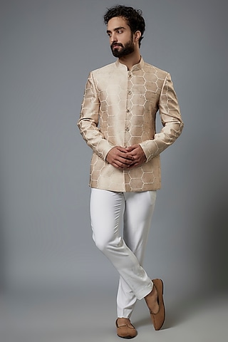 Peach Jacquard Bandhgala Set by Prima Czar