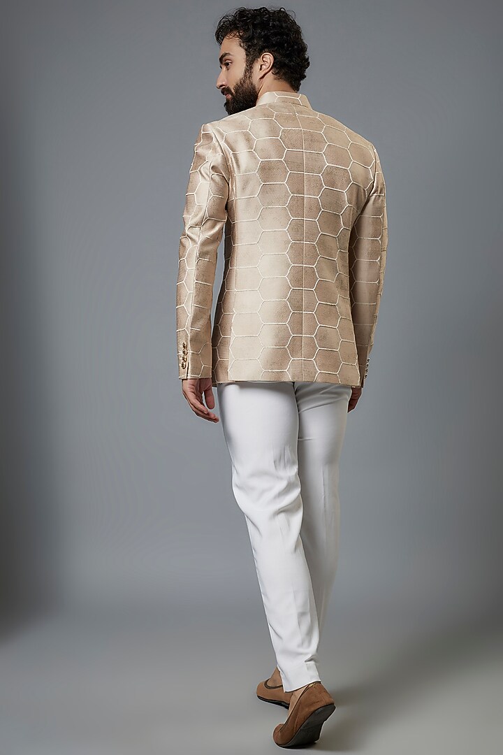 Peach Jacquard Wedding Bandhgala Set by Prima Czar at Pernia's Pop Up Shop
