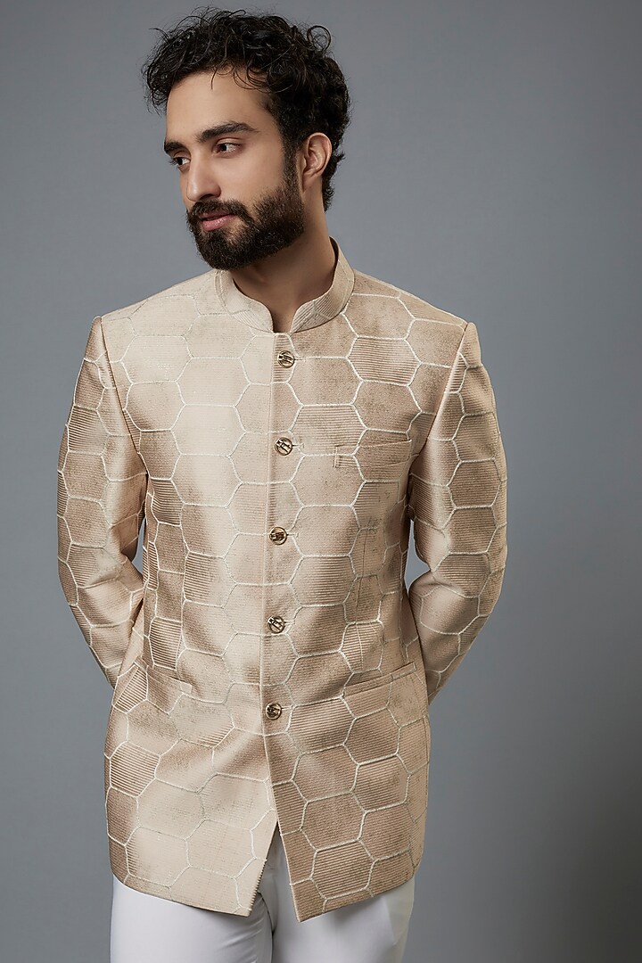 Peach Jacquard Wedding Bandhgala Set by Prima Czar at Pernia's Pop Up Shop