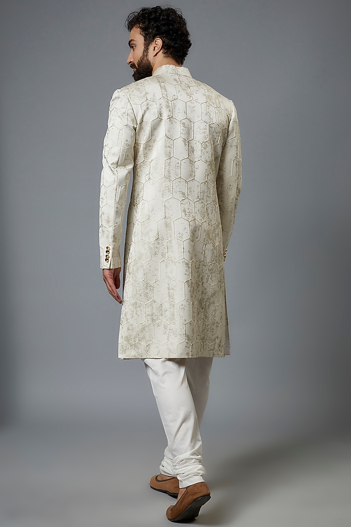 Ivory Jacquard Wedding Sherwani Set by Prima Czar at Pernia's Pop Up Shop