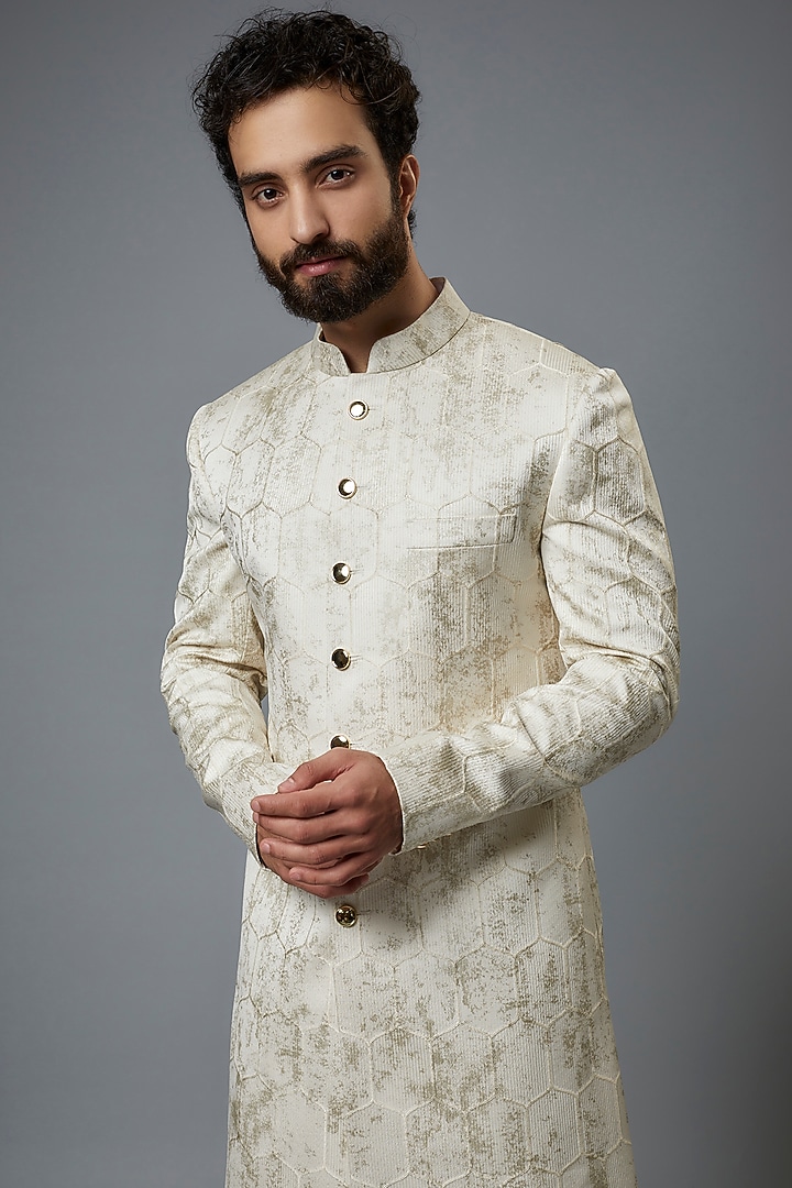 Ivory Jacquard Wedding Sherwani Set by Prima Czar at Pernia's Pop Up Shop
